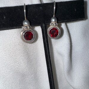Vintage Sterling Silver & Round Garnet Dangle Earrings
